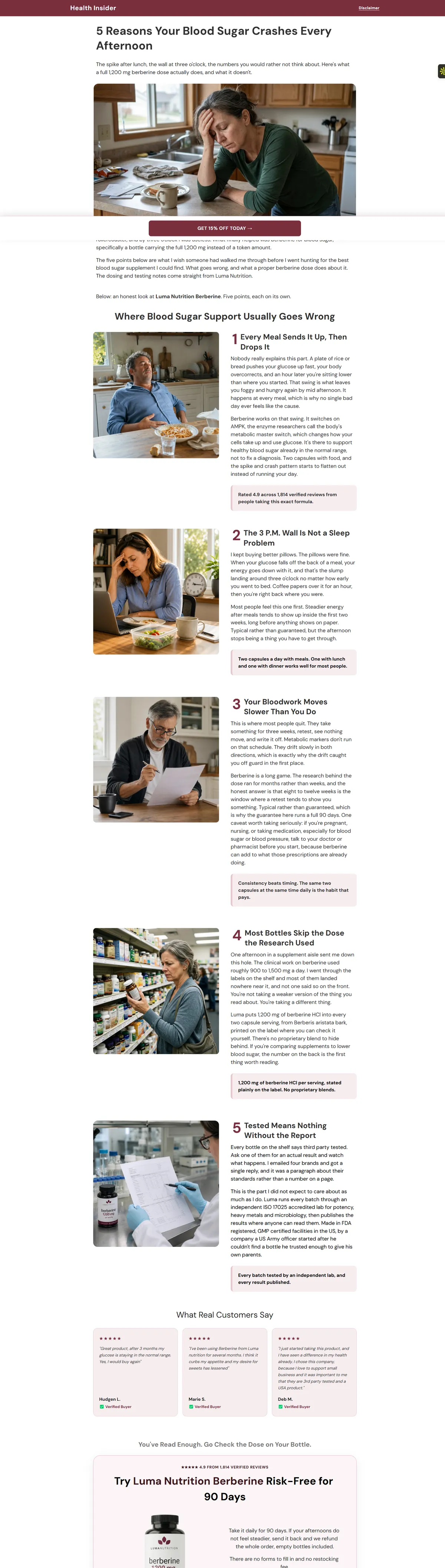 Luma Nutrition berberine advertorial about afternoon blood sugar crashes